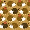 Colorful seamless pattern with happy hedgehogs, apples. Decorative cute background with funny animals, fruits