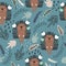 Colorful seamless pattern with happy hedgehogs, leaves. Decorative cute background with animals