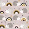 Colorful seamless pattern with happy hedgehogs, rainbow. Decorative cute background with funny animals