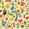 Colorful seamless pattern with happy monsters at the party.