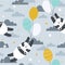 Colorful seamless pattern with happy pandas, air ballons. Decorative cute background with animals, sky