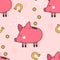 Colorful seamless pattern with happy pigs, coins, horseshoes. Decorative cute background, funny animals