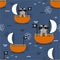 Colorful seamless pattern with happy raccoons, boats. Decorative cute background, funny animals, sea