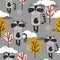 Colorful seamless pattern with happy raccoons, trees, clouds