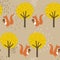Colorful seamless pattern, happy squirrels with acorns and trees. Decorative cute background with rodents, forest