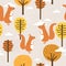 Colorful seamless pattern with happy squirrels, trees. Decorative cute background, rodents, forest