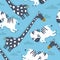 Colorful seamless pattern with happy zebras, giraffes. Decorative cute background with animals, sky