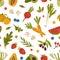 Colorful seamless pattern with healthy fruits, vegetables, berries and greens. Endless background with organic