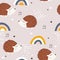 Colorful seamless pattern with hedgehogs, rainbow. Decorative cute background with funny animals