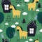 Colorful seamless pattern, horses, houses, fir trees and trees. Decorative cute background, funny animals, forest