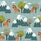 Colorful seamless pattern, horses, mountains and trees. Decorative cute background with animals, forest