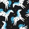 Colorful seamless pattern with horses, stars. Decorative cute background with animals, night sky