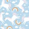 Colorful seamless pattern with horses - unicorns, rainbow, sky. Decorative cute background with funny animals