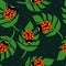 Colorful seamless pattern, ladybugs and palm leaves. Decorative cute background, funny insects