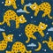 Colorful seamless pattern with leopards, stars, clouds. Decorative cute background with animals, night sky