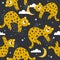 Colorful seamless pattern with leopards, stars, clouds. Decorative cute background with animals, night sky