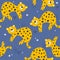 Colorful seamless pattern with leopards, stars. Decorative cute background with animals, night sky