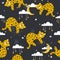 Colorful seamless pattern with leopards, stars, moon, clouds. Decorative cute background with animals, night sky