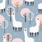 Colorful seamless pattern with llamas, trees. Decorative cute background with happy animals, forest