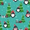 Colorful seamless pattern with penguins, gifts, fir trees, snow. Decorative cute background with animals. Happy New Year