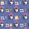 Colorful seamless pattern with penguins, gifts, fir trees, snow. Decorative cute background with animals. Happy New Year