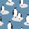 Colorful seamless pattern with penguins on the ice floes. Decorative cute background with birds