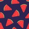 Colorful seamless pattern with pink slices of fresh watermelon on purple background. Backdrop with summer delicious