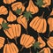 Colorful seamless pattern with pumpkins, maple leaves. Decorative background with vegetables, Halloween day