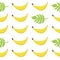 Colorful seamless pattern with ripe bananas, palm leaves. Decorative background with funny fruits, plants