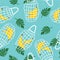 Colorful seamless pattern with ripe bananas, palm leaves. Decorative background with funny fruits, plants