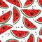 Colorful seamless pattern with ripe watermelons. Decorative background with fruits
