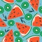 Colorful seamless pattern with ripe watermelons, kiwi. Decorative background with fruits