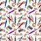 Colorful seamless pattern on a school theme with colored pencils, pencil shavings and realistic sharpener. Vector