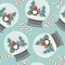 Colorful seamless pattern, snow globes, penguins with gifts, fir trees, candy canes. Decorative cute background. Happy New Year