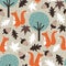 Colorful seamless pattern with squirrels, acorns, leaves and trees. Decorative cute background with animals, forest