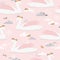 Colorful seamless pattern with swans, flowers, sky. Decorative cute background with birds