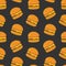 Colorful seamless pattern with tasty hamburgers on dark background. Juicy burgers or sandwiches, delicious fast food