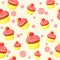 Colorful seamless pattern with tasty lemon cupcake with pink cream and raspberry in cartoon style. Vector illustration