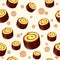 Colorful seamless pattern with tasty piece of chocolate roll and lemon cream in cartoon style. Vector illustration