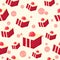 Colorful seamless pattern with tasty piece of red biscuit cake and cream in cartoon style. Vector illustration. Desserts