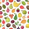 Colorful seamless pattern with tasty sweet fresh juicy exotic tropical fruits on white background. Backdrop with