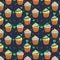 Colorful seamless pattern of tenne tawny color cupcake with Persian pink titanium yellow, yellow green color wheel color frosting.