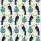 Colorful seamless pattern, toucans, palm leaves. Decorative cute background with birds, garden