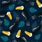 Colorful seamless pattern, toucans, palm leaves. Decorative cute background with funny birds, garden