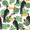 Colorful seamless pattern, toucans, palm leaves, flowers. Decorative cute background with birds, garden