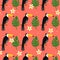 Colorful seamless pattern, toucans, palm leaves, flowers. Decorative cute background with funny birds, garden