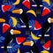 Colorful seamless pattern, toucans, palm leaves, fruits. Decorative cute background with birds, garden, food