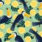 Colorful seamless pattern, toucans, palm leaves, fruits. Decorative cute background with birds, garden, lemons