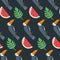 Colorful seamless pattern, toucans, palm leaves, fruits. Decorative cute background with birds, garden, watermelons