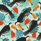 Colorful seamless pattern, toucans, palm leaves, fruits. Decorative cute background with funny birds, garden, watermelons